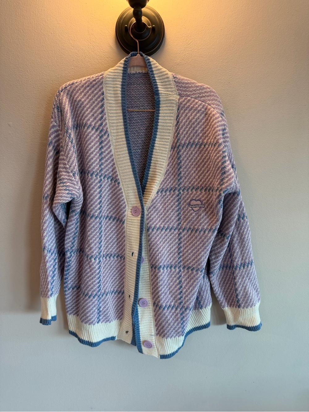 Quirky Kawaii Purple & Blue Plaid knit "I Potato You" patch Cardigan Oversized